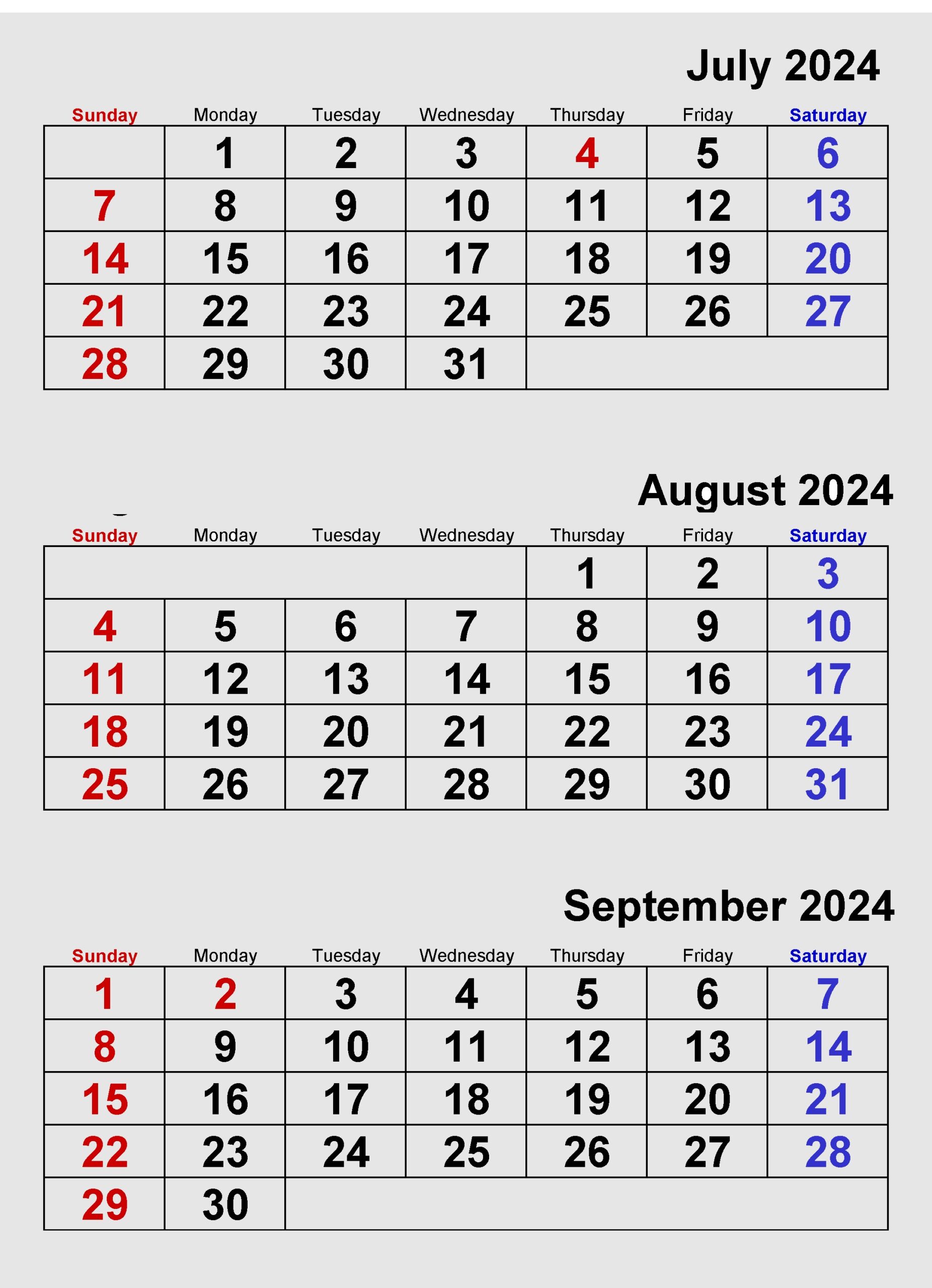 July August September 2024 Portrait calendar