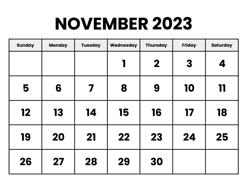 November Calendar 2023 Holidays Template
