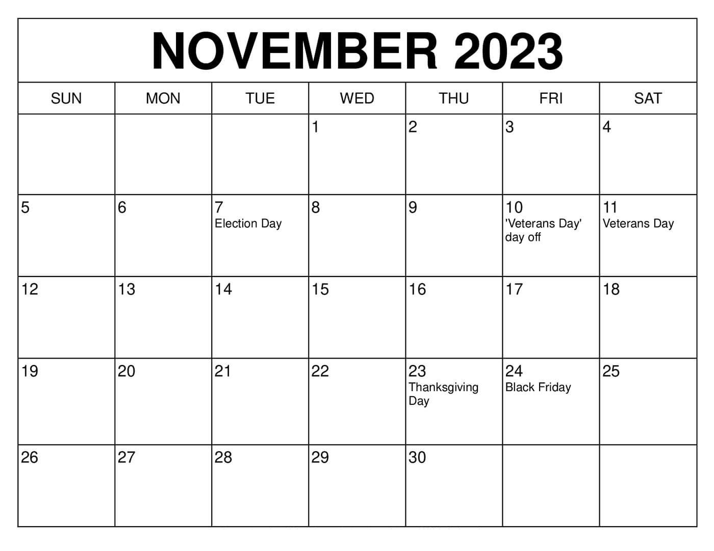 November Calendar 2023 Templates with Holidays