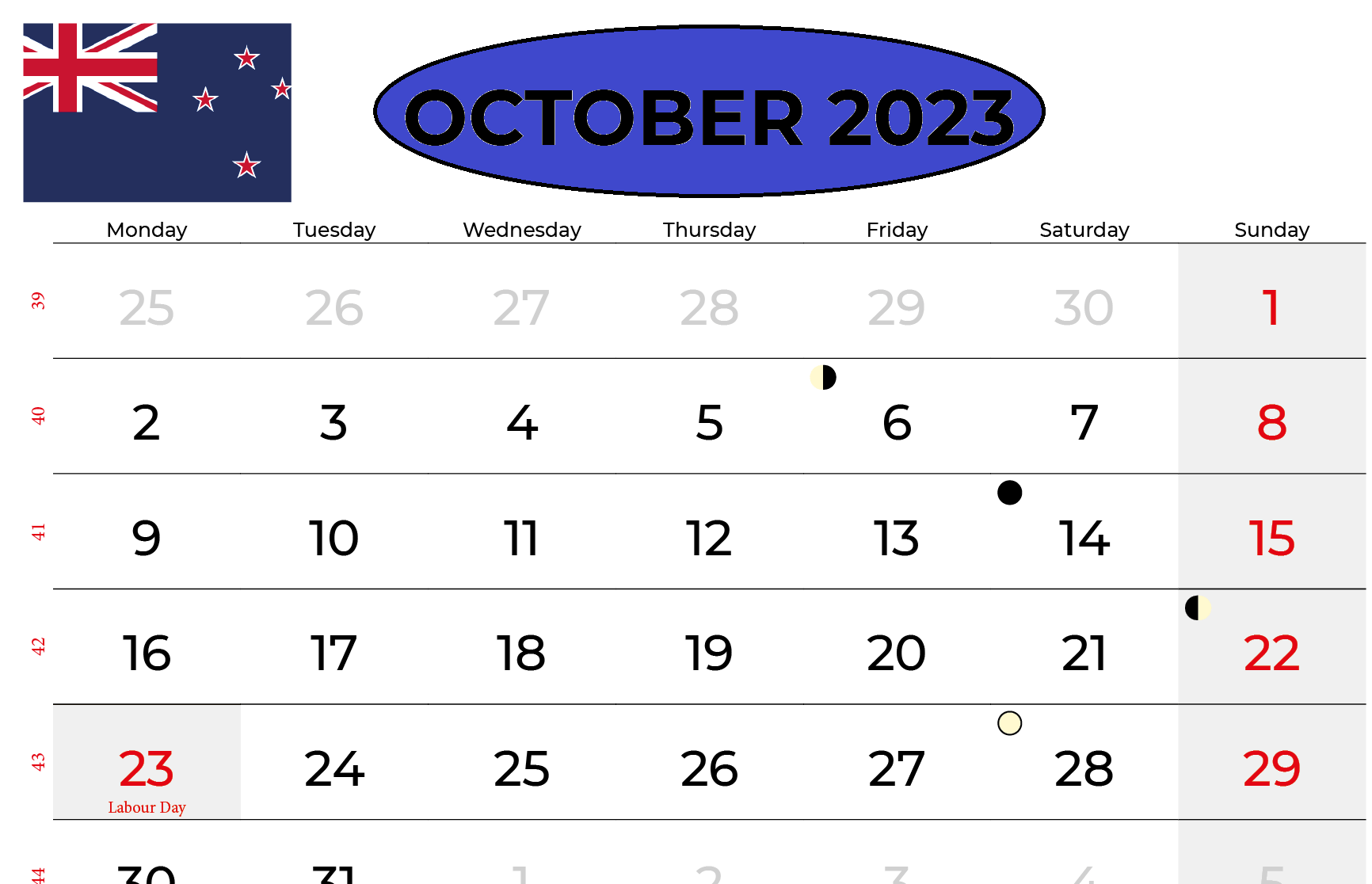 October 2023 Calendar New Zeland with Holidays
