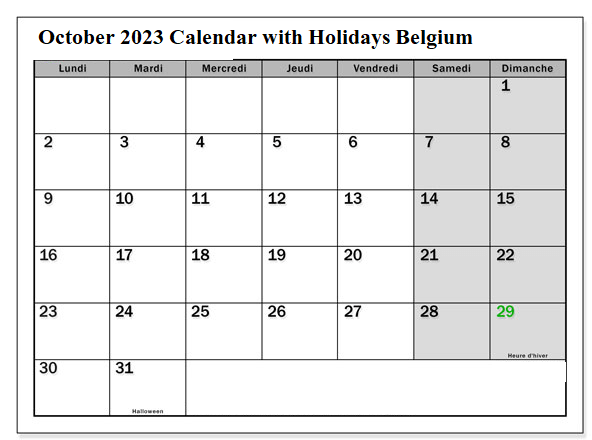 October 2023 Calendar with Holidays Belgium