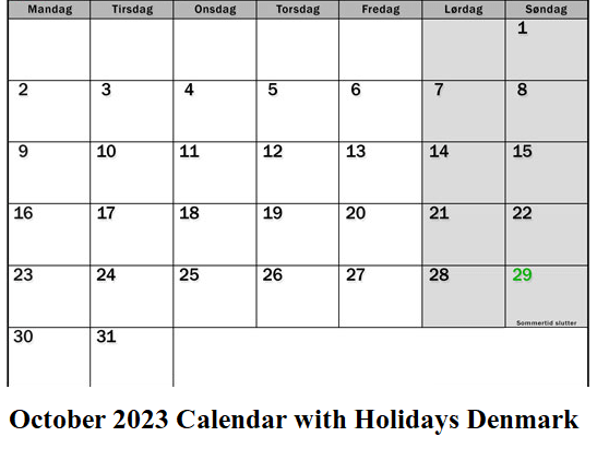 October 2023 Calendar with Holidays Denmark