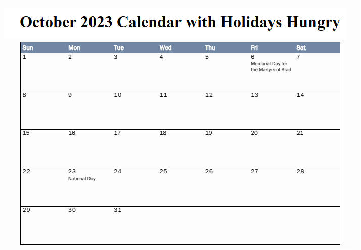 October 2023 Calendar with Holidays Hungry