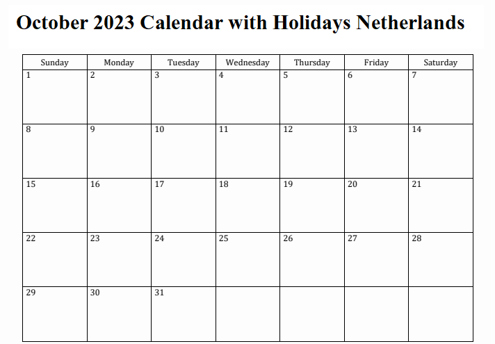 October 2023 Calendar with Holidays Netherlands