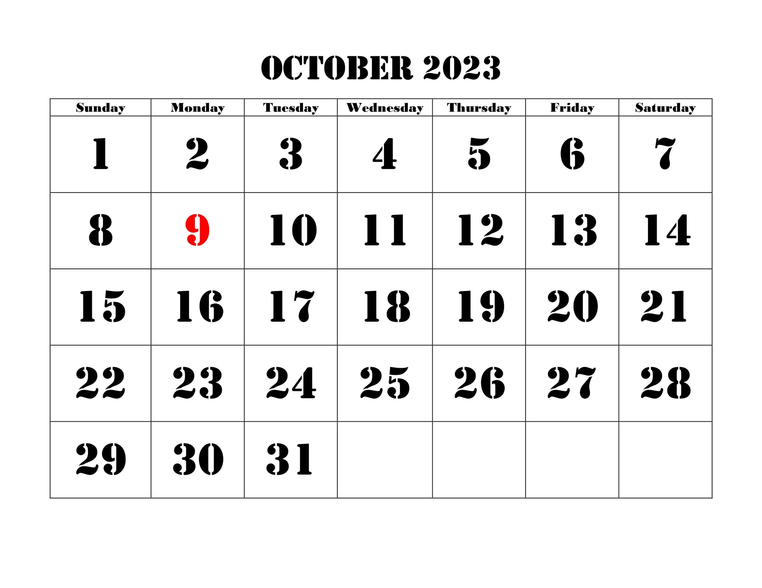 October 2023 Calendar with Holidays Templates