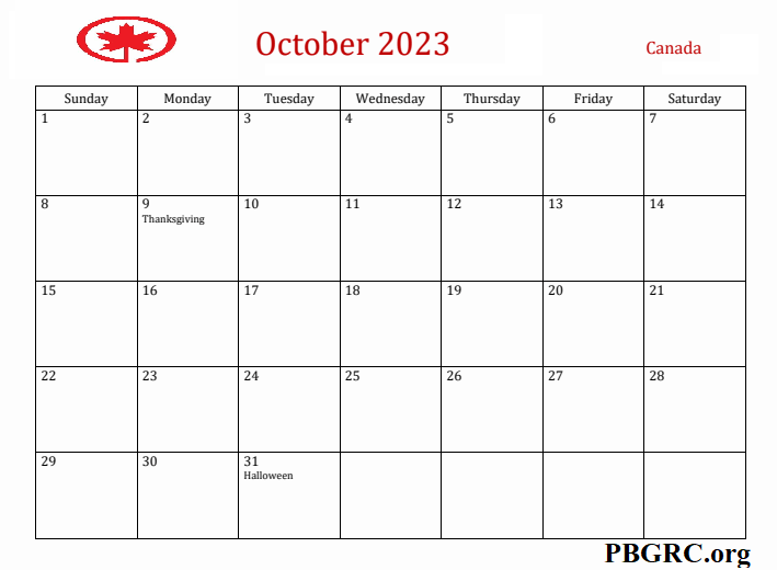 October 2023 Canada Holidays Calendar