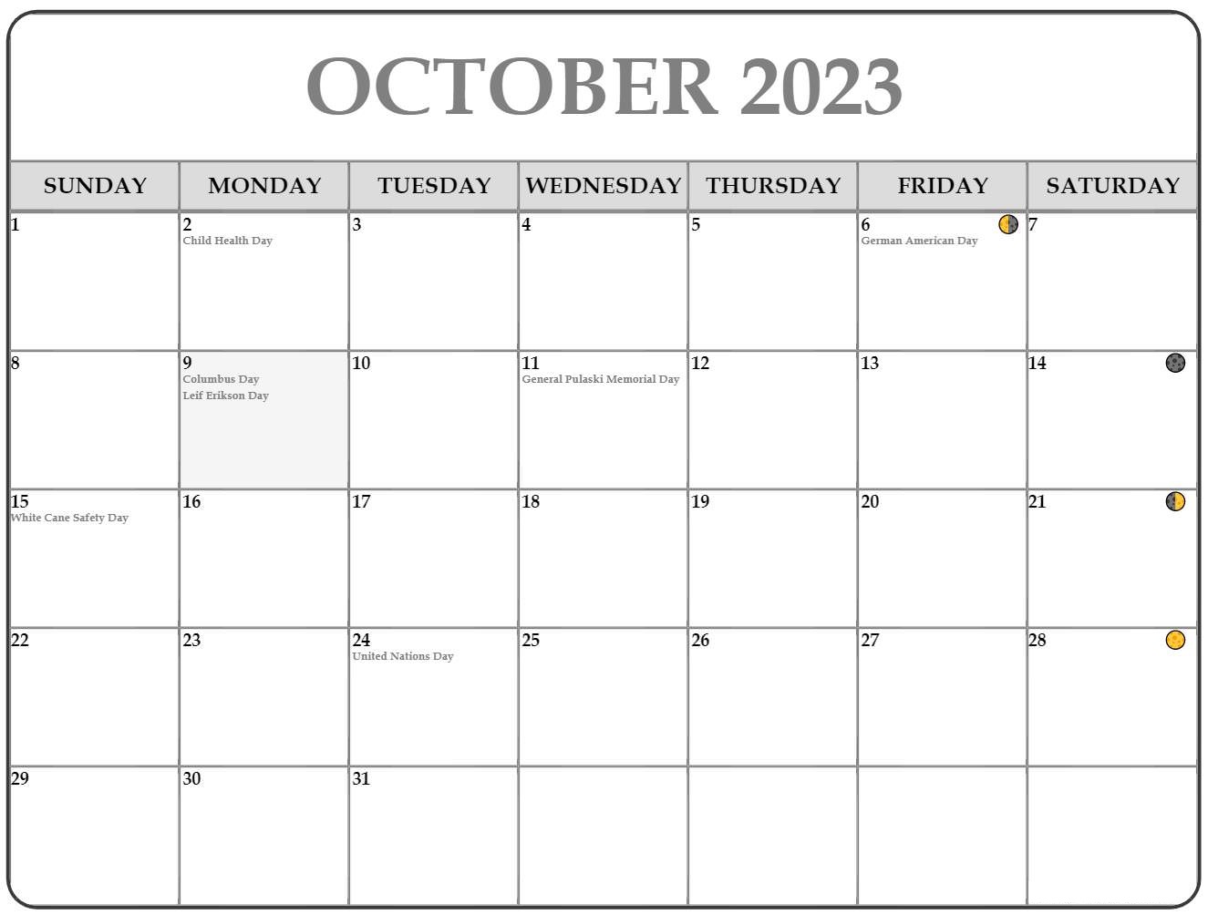October Moon Phases Calendar 2023