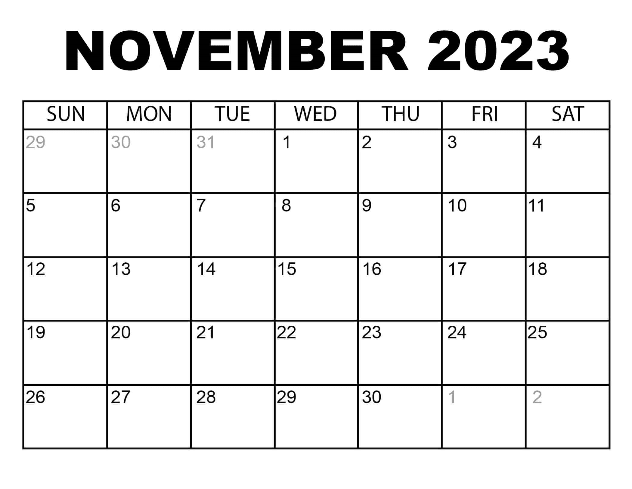 Printable November 2023 Holidays Calendar