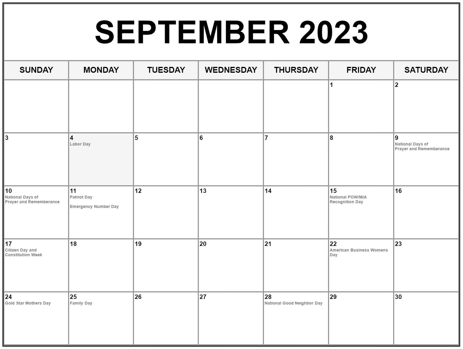 September 2023 Calendar US Holidays
