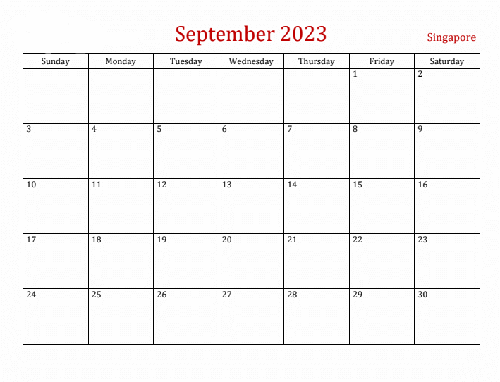 September 2023 Calendar with Holidays Singapore