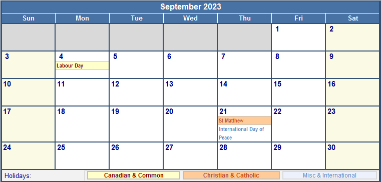 September 2023 Canada Calendar with Holidays Canada