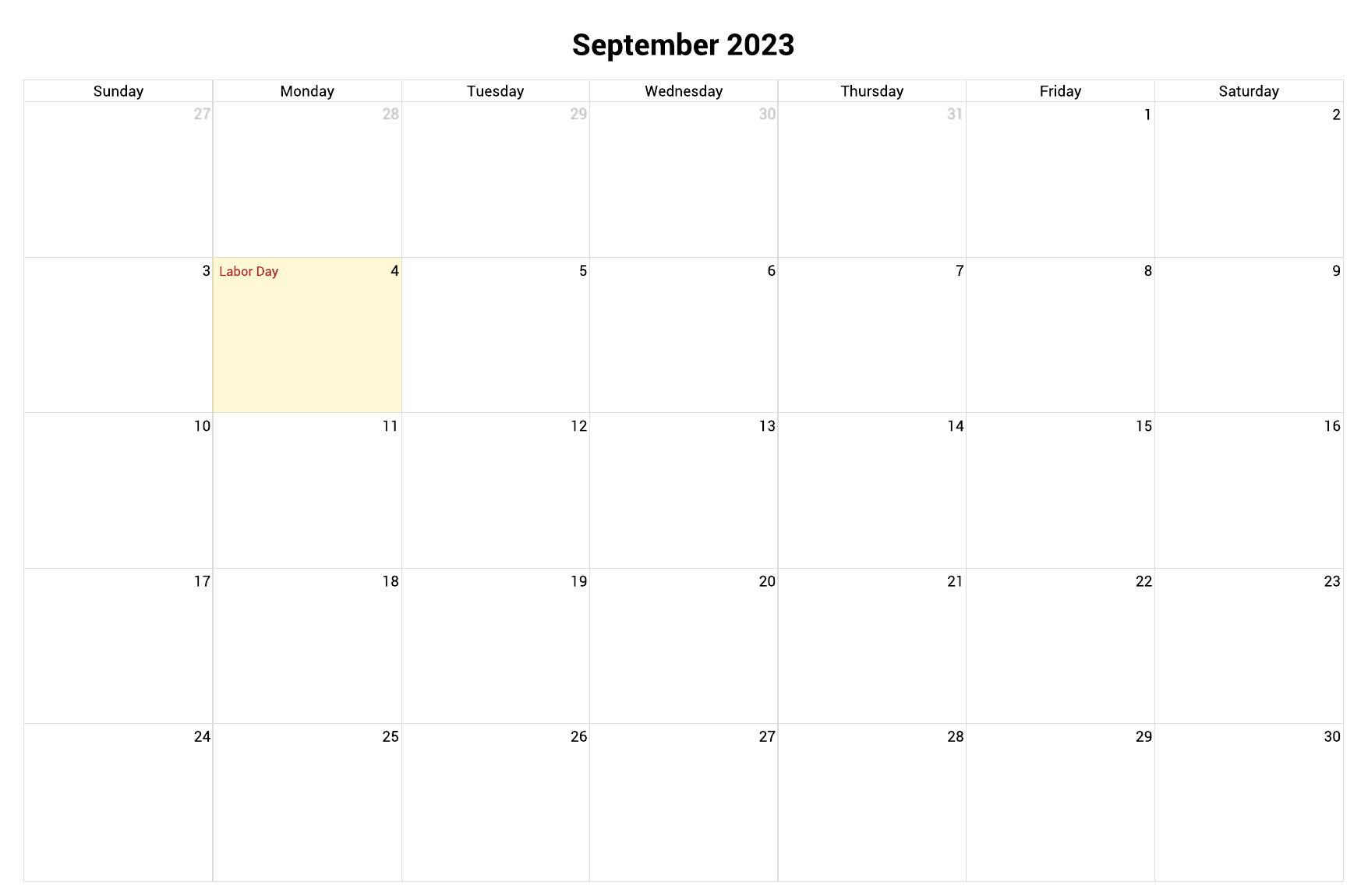 September 2023 Printable Calendar With US Federal Holidays