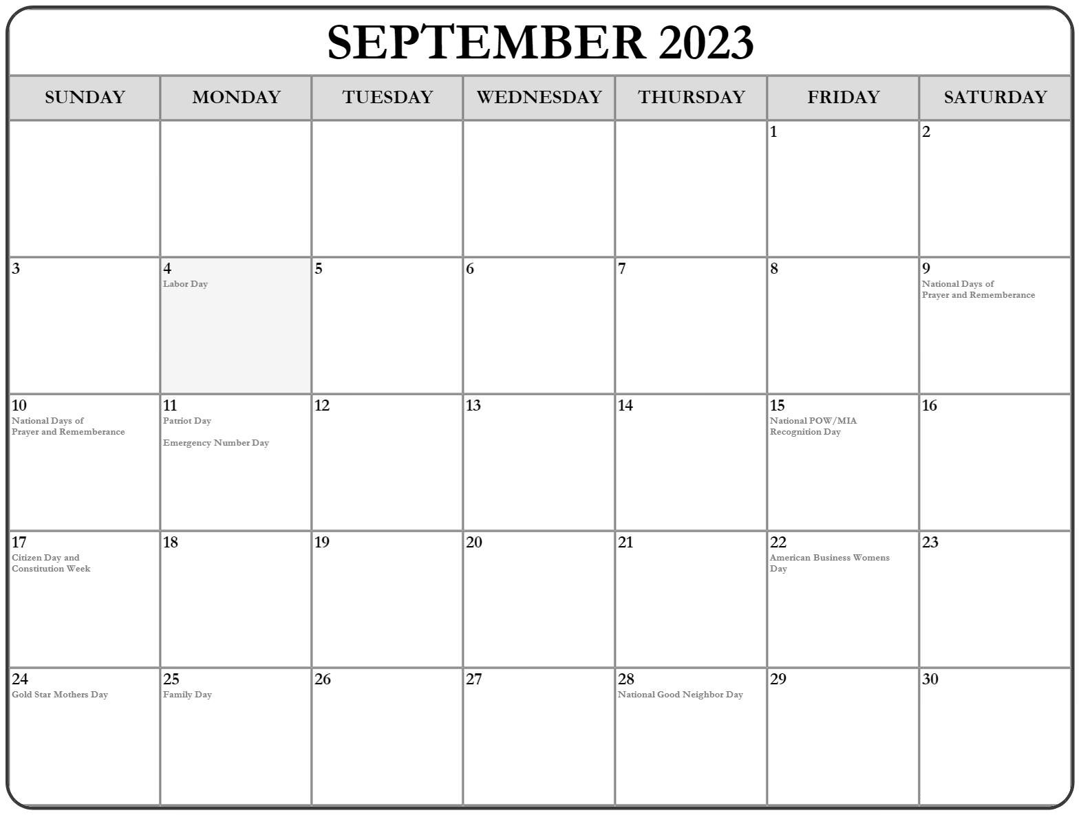 September 2023 with Holidays Calendar