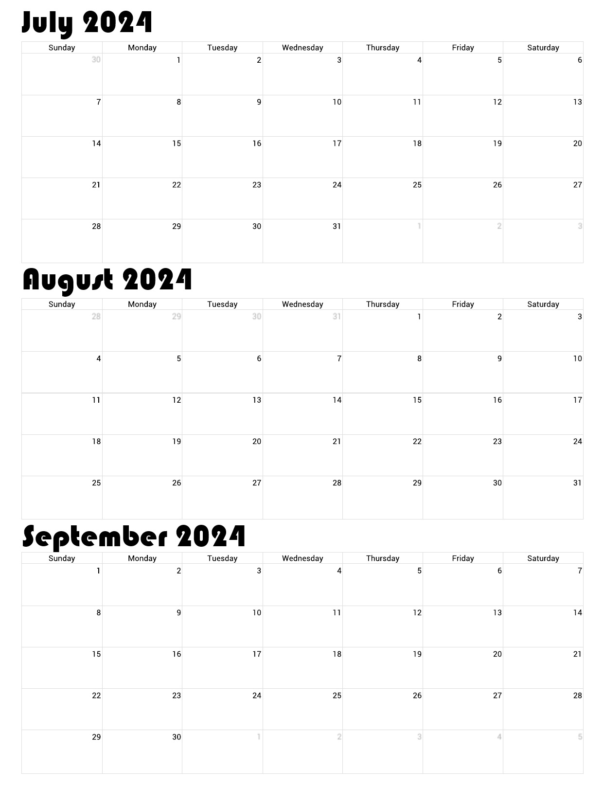 free monthly July August September 2024 calendar template