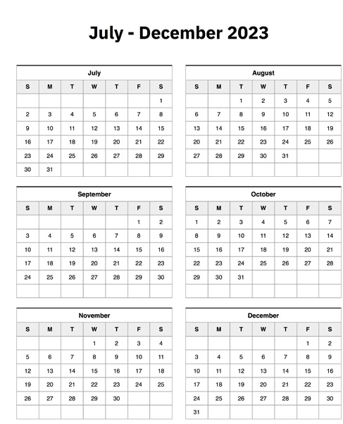 Printable July to Dec 2023 Calendar with Notes