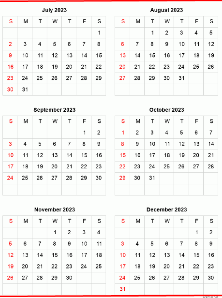 july to december calendar 2023 6 months on one page