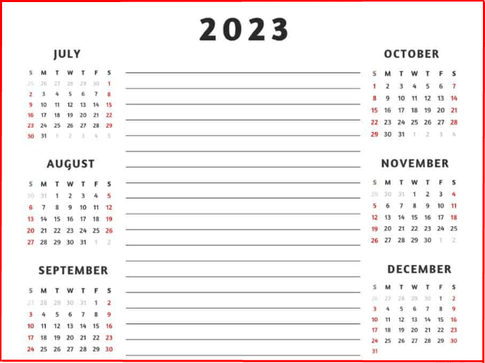 printable 6 month july to december calendar 2023
