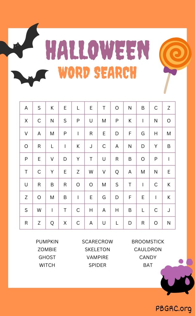 Halloween Word Search Bat And Candy Theme