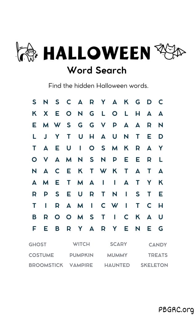 Halloween Word Search Bat And Candy Theme B&W