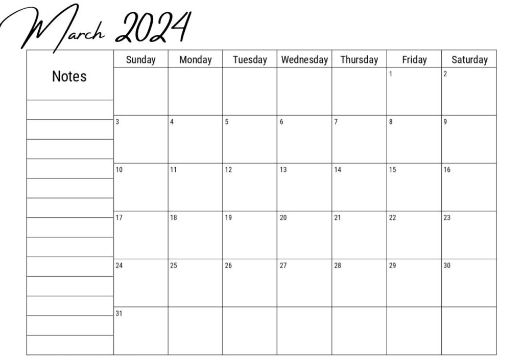Blank March 2024 Calendar With Note
