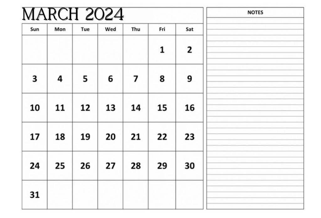 Fillable March 2024 Calendar simple notes
