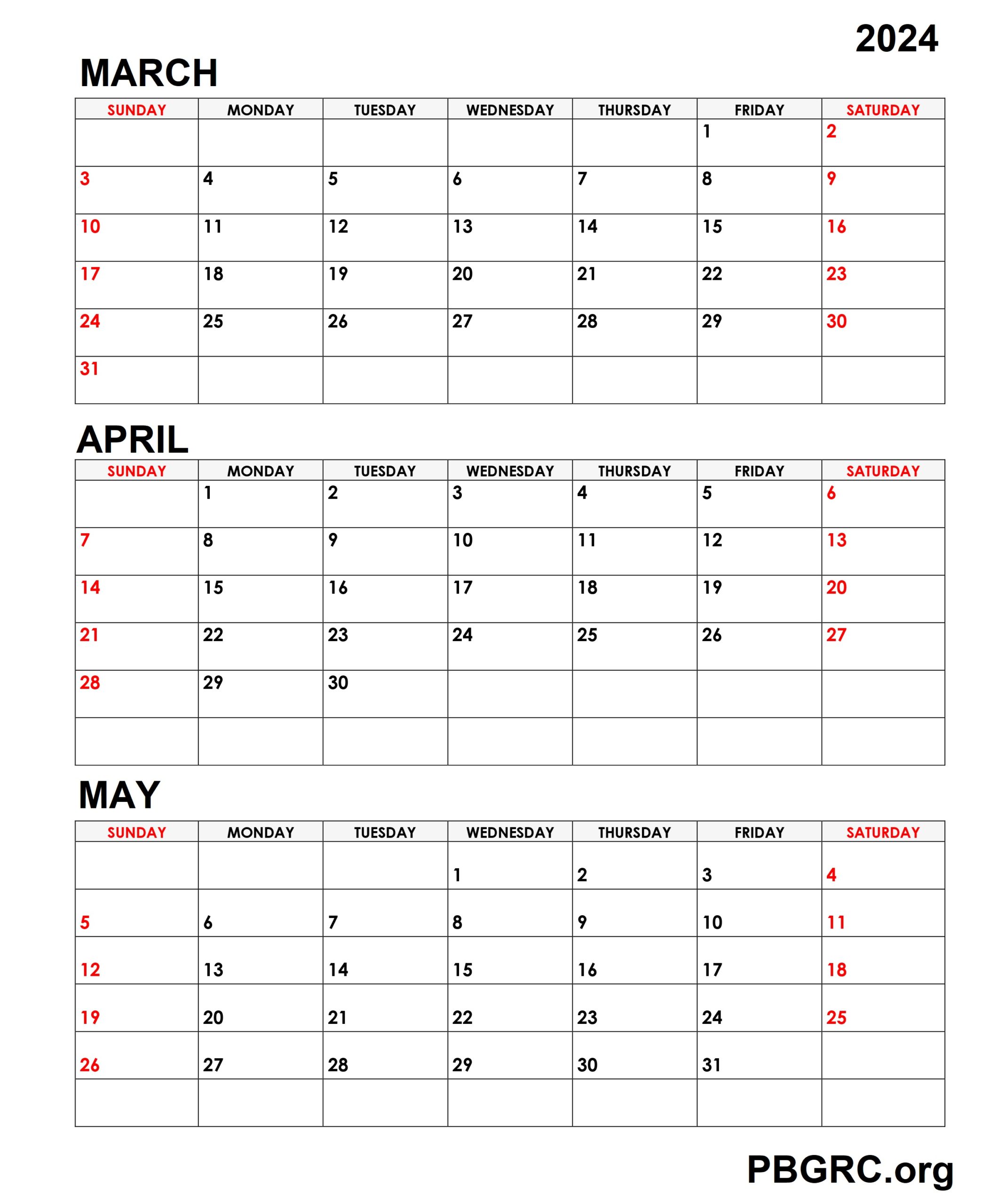 Free Print March April May 2024 Calendar Template Download
