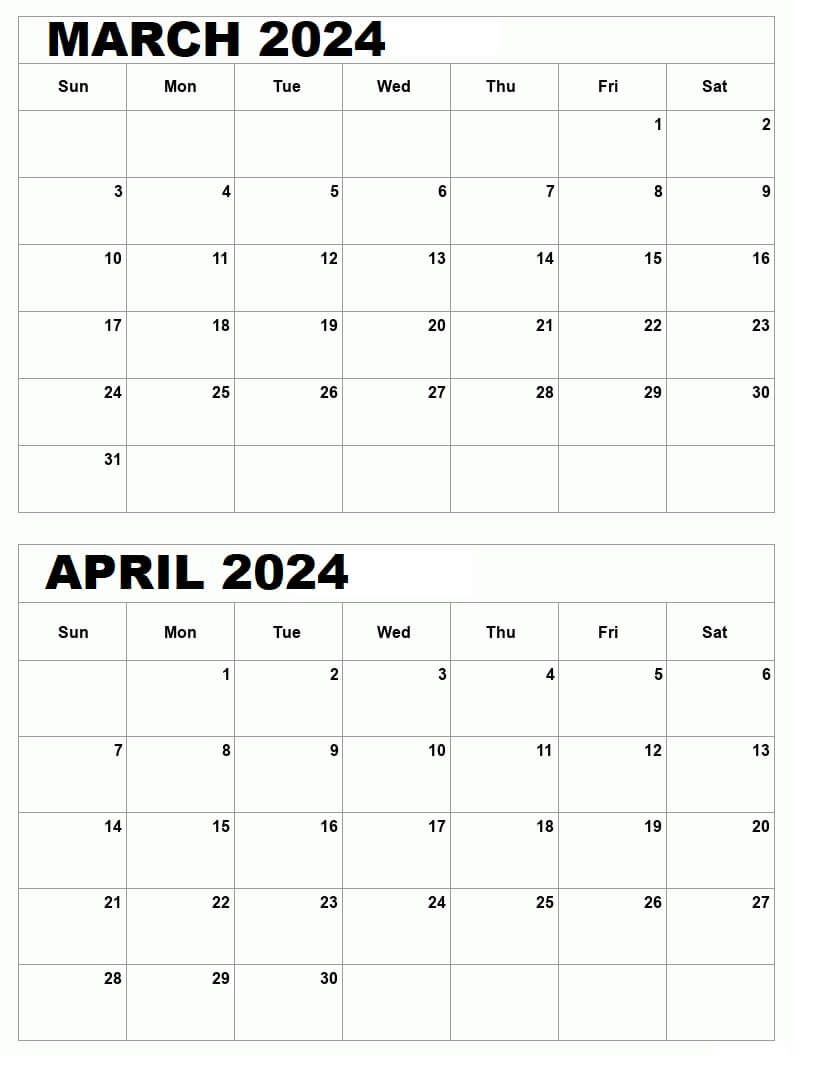 2024 March April Portrait Calendar