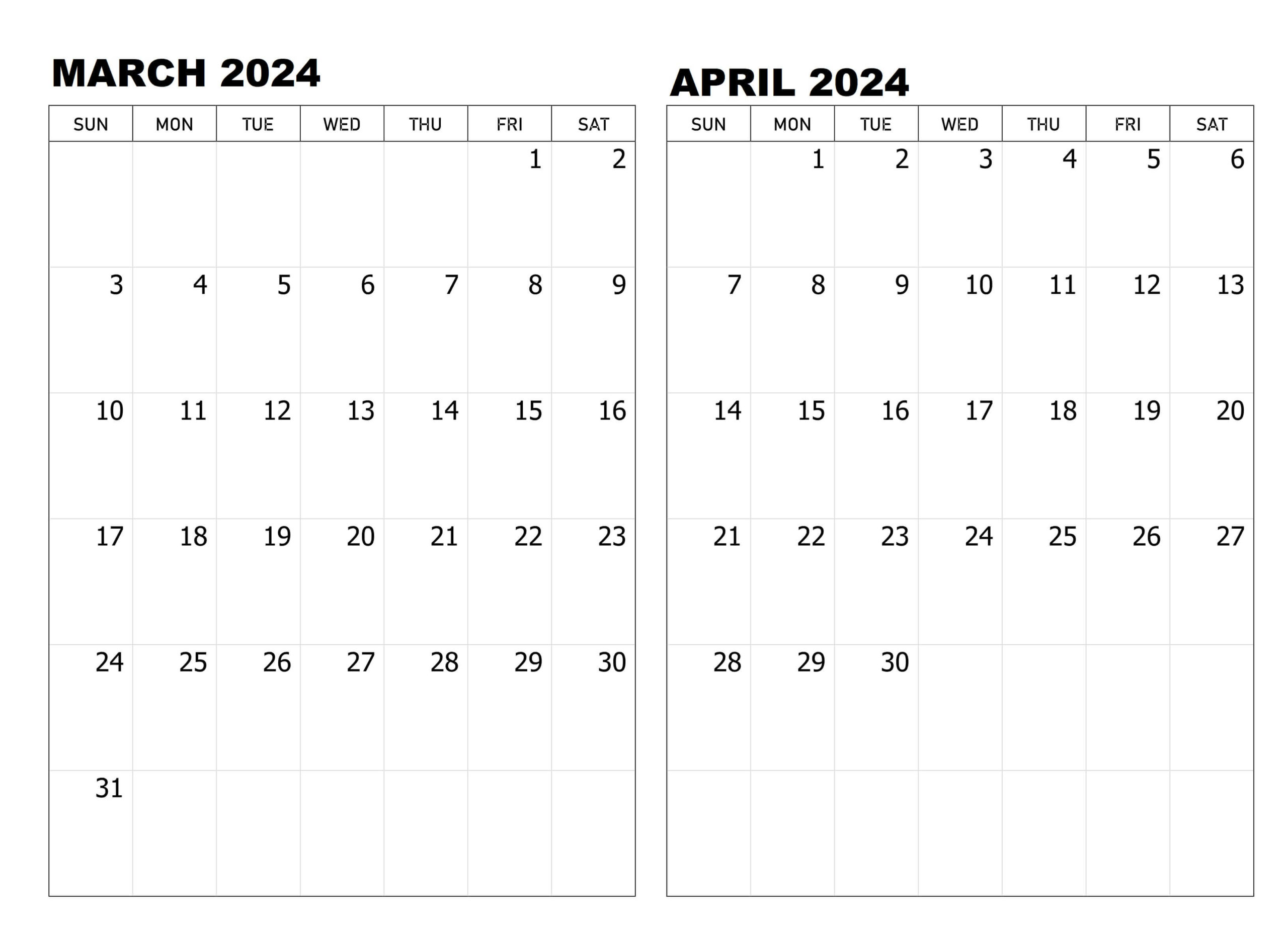 March April 2024 Calendar PDF Download