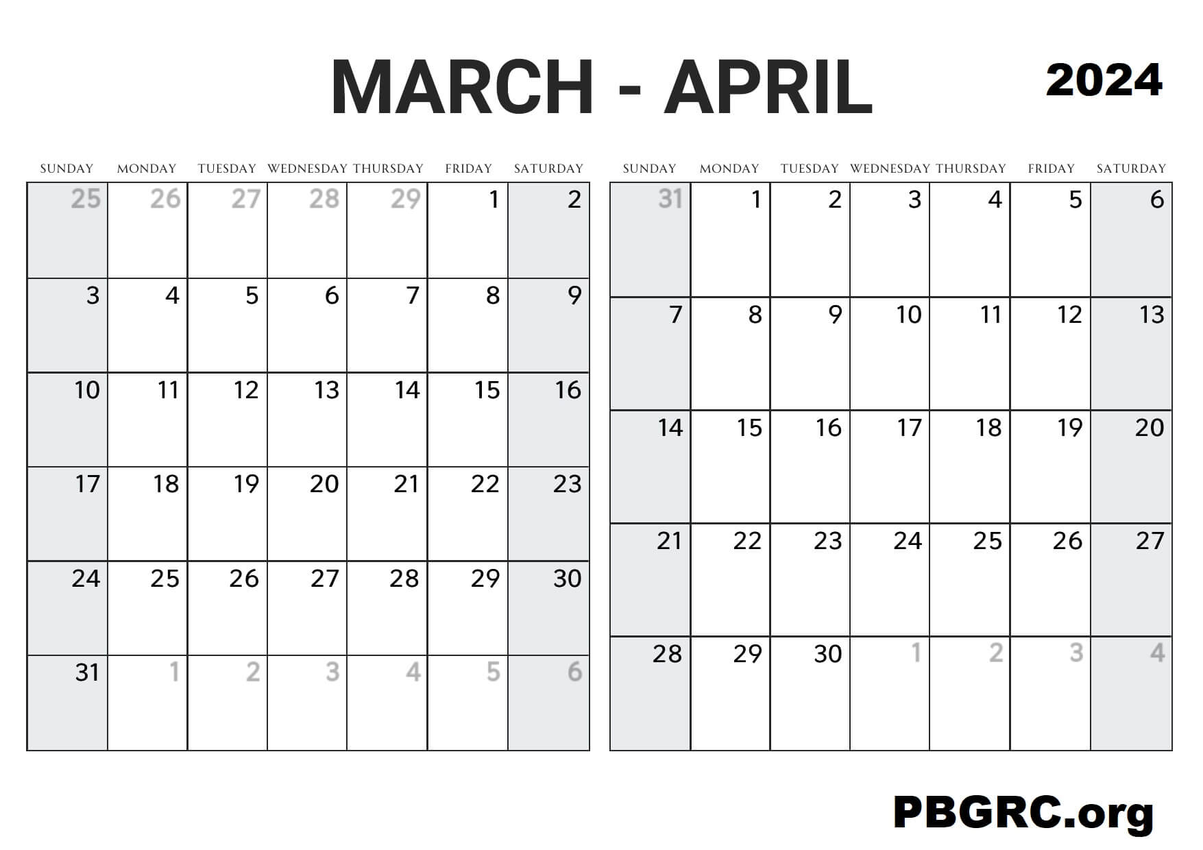 March April 2024 Calendar Template