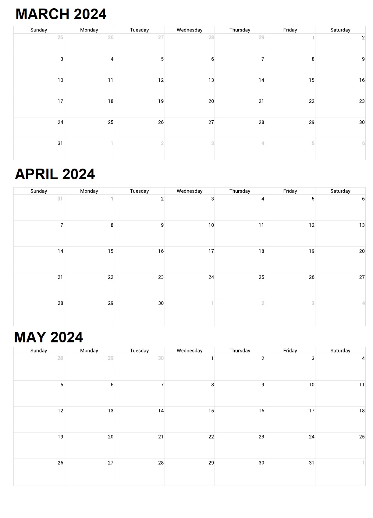 Printable March April May Blank Calendar 2024